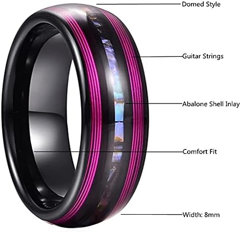 Corato 8 mm Bague en Carbure de Tungstène Noir pour homme Avec Corde de Guitare Violette et Bague de Mariage incrustée de Coquille d'Ormeau Finition Polie Bombée Taille 54-67 - Image 6
