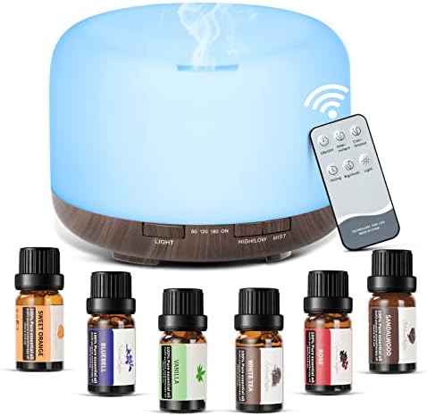 ACWOO DIFFUSEURS D'HUILES Essentielles 500 Ml AVEC 6 * 10Ml Huiles Essentielles, Ultrasonie Humidificateur Diffuseur Aromathérapie, LED à 7 CouleUrs, Arête Automatique, pour la Maison, Salon, Yoga