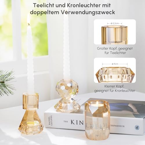 WeltrXe bougeères en cristal, lot de 3 photophores transparents pour bougies bâtons et bougies chauffe-plate, bougeères conception 2 en 1 en cristal pour décorations de table, mariages, fêtes (champagne) - Image 2