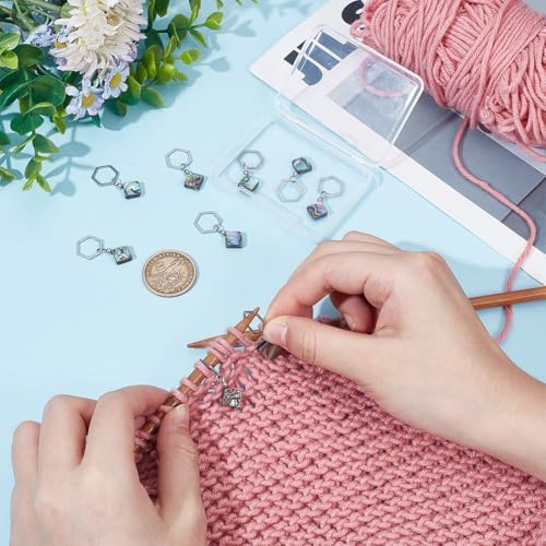 Benecreat 10 Marqueur de Maille Carré en Coquille d'Ormeau pendentif coquilage Avec Anneau de Liaison hexagonal en acier inoxydable 304 Marqueur de Maille verrouillable pour tricot et crochet - Image 3