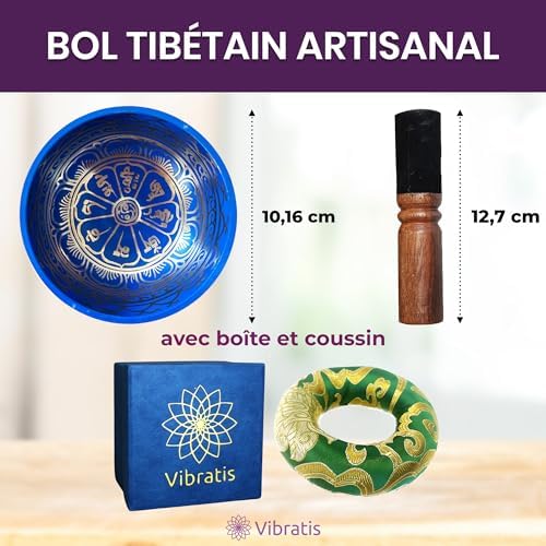 Bol Tibéaint Artisanal, Fait Main Au Népal - Coussin, Maillet en Bois, Boite Lokta - Méditation - relaxation - Décoration - Cadeau Parfait (4 ", Bleu) - Image 4