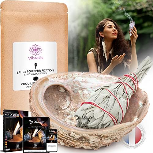 SAUGE BLANCHE DE PURIFICATION 1 Bâtonnet d'Encens de Sauge à Brueler + Coquille d'Ormeau + E-Book - Élimine Les Énergies Négatifs