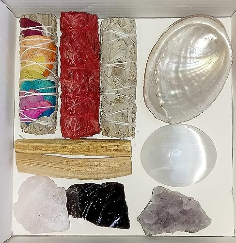 Sauge Blanche Purification Sang de Dragon Sauge Chakra à Broieler + Palo Santo + Sélénite + Coquille d'Ormeau Abalone Aménthyste Cristal, Purification Rittuel, Smudge-Kit, Cristaux de Guérison Chamanisme