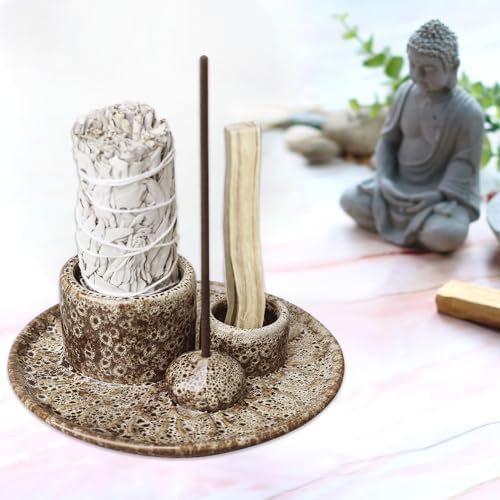 Bol d'Encens 4 en 1 pour chaque encens, encens, Palo Santo, Sauge Blanche, Bâtons d'Encens et Bougeoir, Plateau en Céramique pour la salle de méditation, Yoga (Marron Clair)