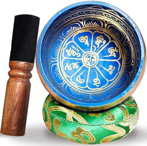 Bol Tibéaint Artisanal, Fait Main Au Népal - Coussin, Maillet en Bois, Boite Lokta - Méditation - relaxation - Décoration - Cadeau Parfait (4 ", Bleu)