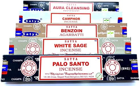 ESOTERRA LOT D'ENCES SATYA PURIFICATION SPÉCIALE - 5 PAQUETS - 60 Bâtonnets à Brueler (Benjoin, Sauge Blanche, Palo Santo, Camphre, Aura Nettoying)