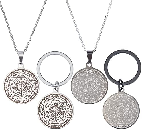PLIGRET 4 PCS Sept Archanges pentif pour protection spiritual talisman amulette porte-clés Sceau des 7 Archanges Protection Collier pour homme Médaille en acier inoxydable bijoux