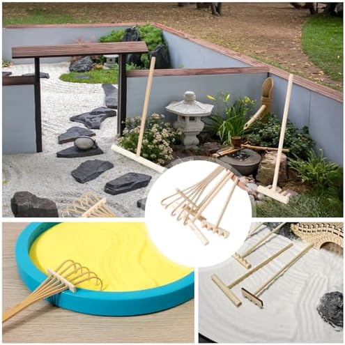 Lot de 4 Mini Accessoires de Jardin Zen en Bois - Râteau à Sable Zen - Bac à Sable Miniature - Petit Râteau Zen - Bricolage pour la Maison, Le Bureau et la Décoration de table - Image 7
