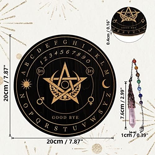 Ahandmaker Planche de Pendule de Sorcière, Métaphysique de Divination Radiesthésie Planche en Bois sculpté avec un Cristal Collier Planche à Pendule Ronde Kit Fournitures d'Autel, pentagramme Lune - Image 2