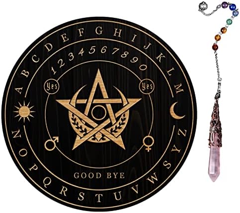 Ahandmaker Planche de Pendule de Sorcière, Métaphysique de Divination Radiesthésie Planche en Bois sculpté avec un Cristal Collier Planche à Pendule Ronde Kit Fournitures d'Autel, pentagramme Lune