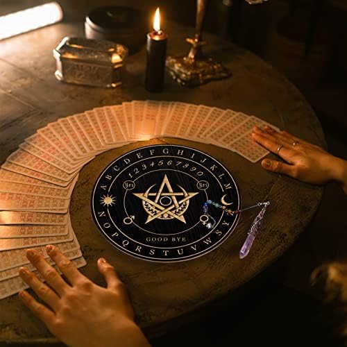 Ahandmaker Planche de Pendule de Sorcière, Métaphysique de Divination Radiesthésie Planche en Bois sculpté avec un Cristal Collier Planche à Pendule Ronde Kit Fournitures d'Autel, pentagramme Lune - Image 4