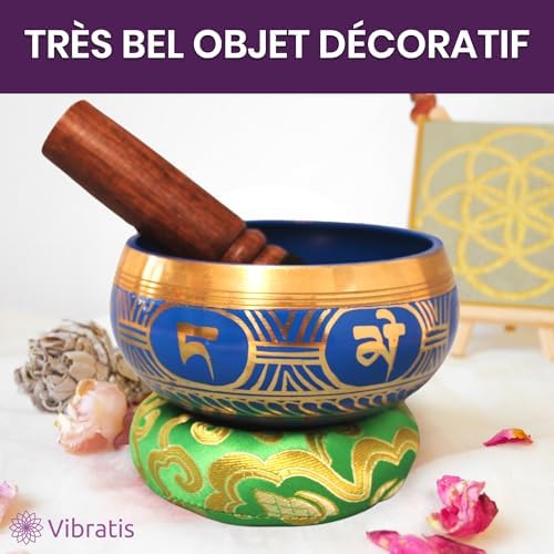 Bol Tibéaint Artisanal, Fait Main Au Népal - Coussin, Maillet en Bois, Boite Lokta - Méditation - relaxation - Décoration - Cadeau Parfait (4 ", Bleu) - Image 3