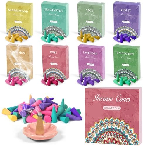Cônes d'Encens, assortiment Encens Cone 120pcs, 8 Parfums, Encens Naturels pour la méditation Yoga Purification relaxation, Porte-Encens, Cadeau de Noël