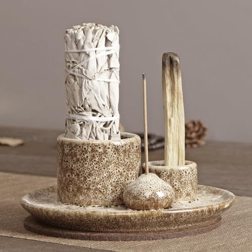 Bol d'Encens 4 en 1 pour chaque encens, encens, Palo Santo, Sauge Blanche, Bâtons d'Encens et Bougeoir, Plateau en Céramique pour la salle de méditation, Yoga (Marron Clair) - Image 5