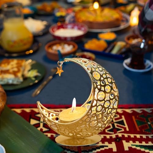 Bougeoir Lune Blanc en Métal Bougeoir Ramadan Lune Creuse Support Bougie Chauffe-Plat Décoration Islamique Ramadan Décoration de Maison Orientale pour la Maison, le Bureau, Le Mariage - Image 5
