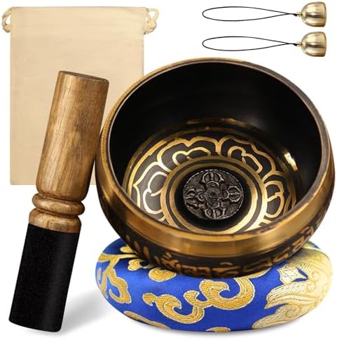 Bols Chantants TibÉTains, 8cm Bol Tibétain, Bol de Méditation, AVEC 2 CLOCHES, MAILLET EN BOIS, Coussin Sonore, Sac en Tissu de Rangement, Bol Chantant Tibetain pour yoga relaxation Mentale Méditation