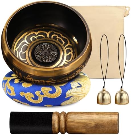 Bols Chantants TibÉTains, 8cm Bol Tibétain, Bol de Méditation, AVEC 2 CLOCHES, MAILLET EN BOIS, Coussin Sonore, Sac en Tissu de Rangement, Bol Chantant Tibetain pour yoga relaxation Mentale Méditation - Image 8