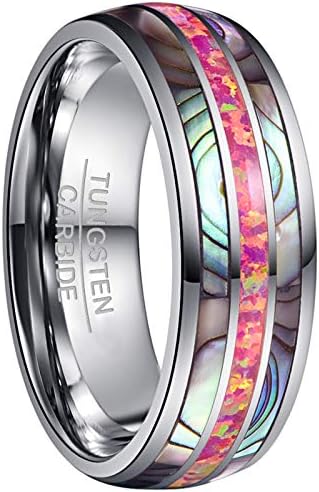 Vakki Bague en Carbure de Tungstène pour homme Femme 8 mm Véritable L'Opale Synthétique Carmin / Pourpre / Vert et Coquille d'Ormeau Bague de FiançAlles Mariage Taille 54 à 72
