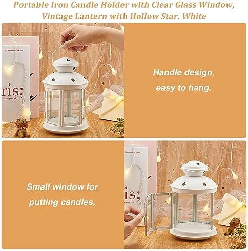 Ahandmaker Lanternes à Bougie au Design Vintage Avec étoiles, bougeoir portable en fervec fenêtre en verre transparent, lampe de nuit, décoration romantique de Noël, Fête de Mariage (Blanc) - Image 3