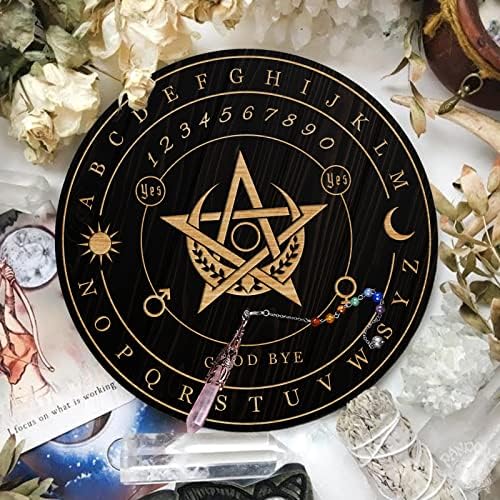Ahandmaker Planche de Pendule de Sorcière, Métaphysique de Divination Radiesthésie Planche en Bois sculpté avec un Cristal Collier Planche à Pendule Ronde Kit Fournitures d'Autel, pentagramme Lune - Image 6