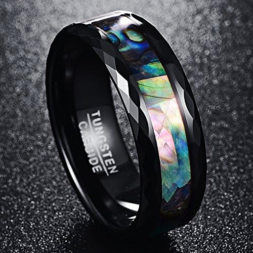 Nuncad bague en tungstène noir / argent / ou / vert Avec Coquille d'Abalone / Ondululation / Émerade 8 mm Alliance Anneau pour Homme Femme - Image 4