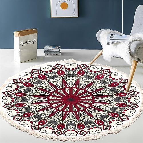 TOMIFINE TAPIS ROND EN COTON TRESSÉ BOHEME TAPIS AVEC FRANGES MANDALA MOTIF Antidérapant Tapis Décoration du Sol pour chambre à couchette, couloir, salon (60 cm, Rouge 2)