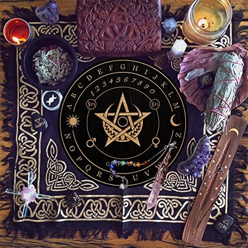 Ahandmaker Planche de Pendule de Sorcière, Métaphysique de Divination Radiesthésie Planche en Bois sculpté avec un Cristal Collier Planche à Pendule Ronde Kit Fournitures d'Autel, pentagramme Lune - Image 3
