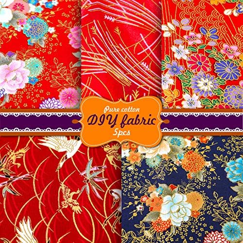 Souarts Lot de 5 Tissus en Coton pour Patchwork - Style Japonais - Tissu décoratif - Pour les Vêts, Le Bricolage, Les Loisirs Créatifs - Rouge - 50 x 50 cm